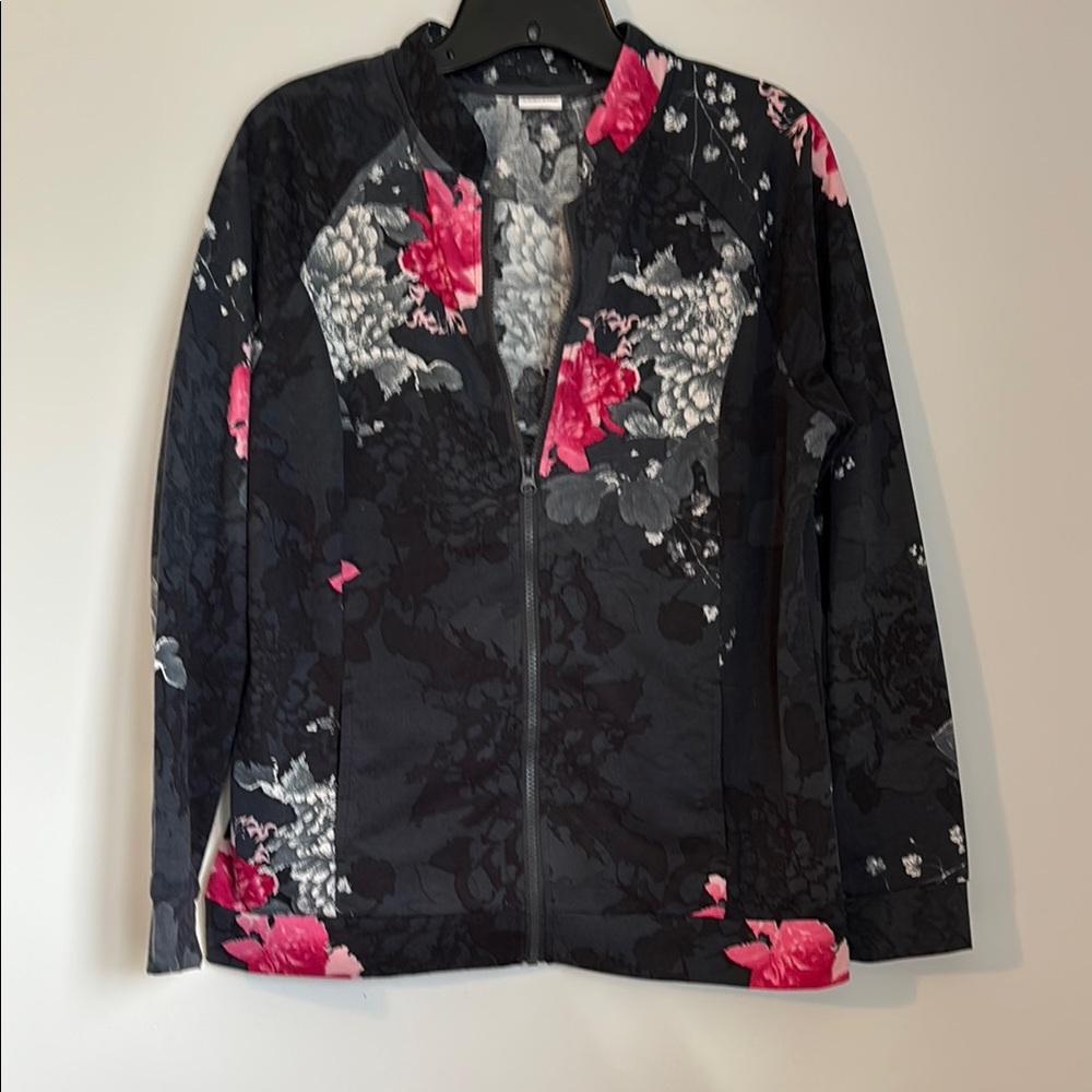 Lascana Black Grey Pink Floral Zip Up Bomber Jacket size M 8/10